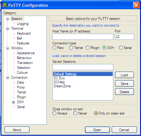 Opening screen of PuTTY